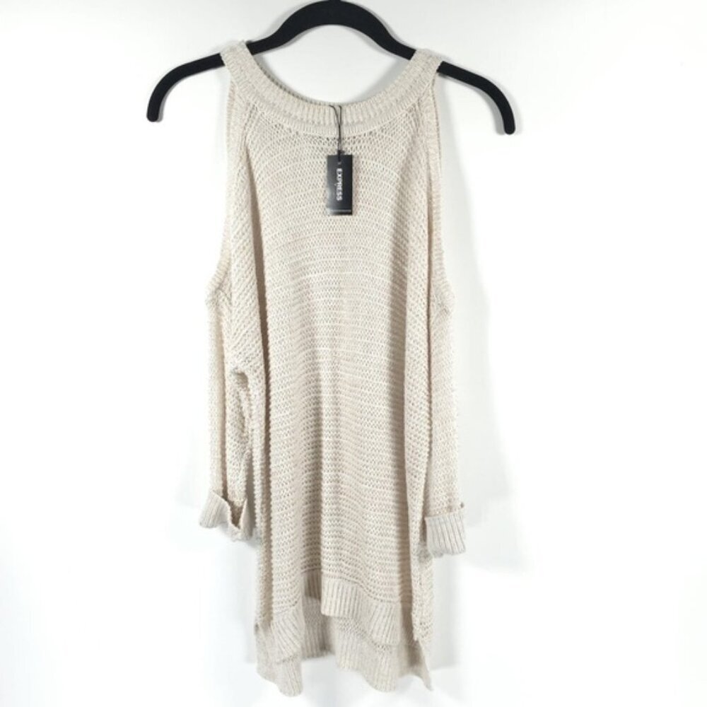 NWT EXPRESS Open Knit Bare Shoulder Pullover Sweater High Low Rolled Cuffs SMALL